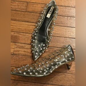 Zara Clear Crystal Embellished Rhinestone Pointed Toe Silver Kitten Heels 39